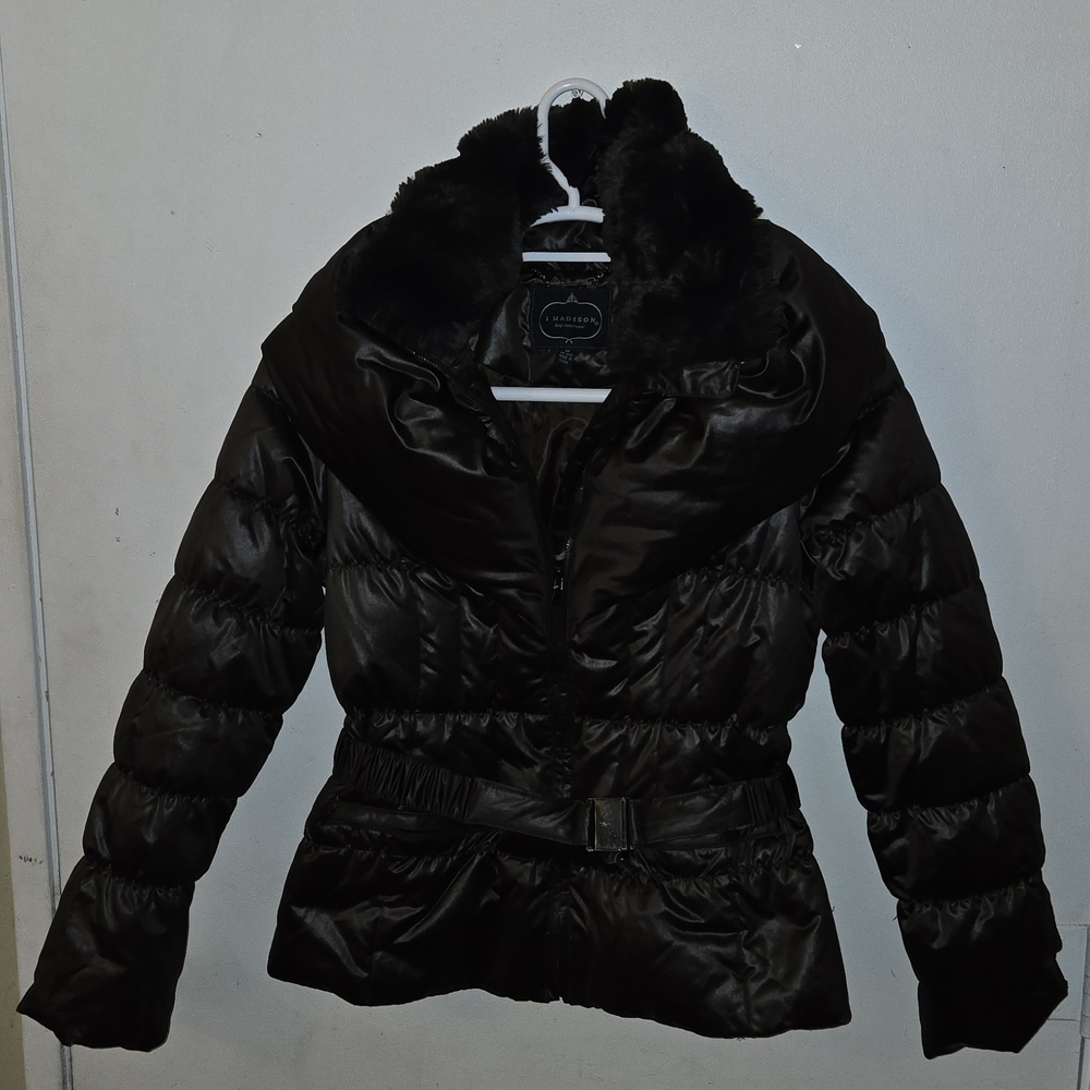 1 Madison Womens Wine Irredecent Down Fox Fur Puffer Jacket Sz M